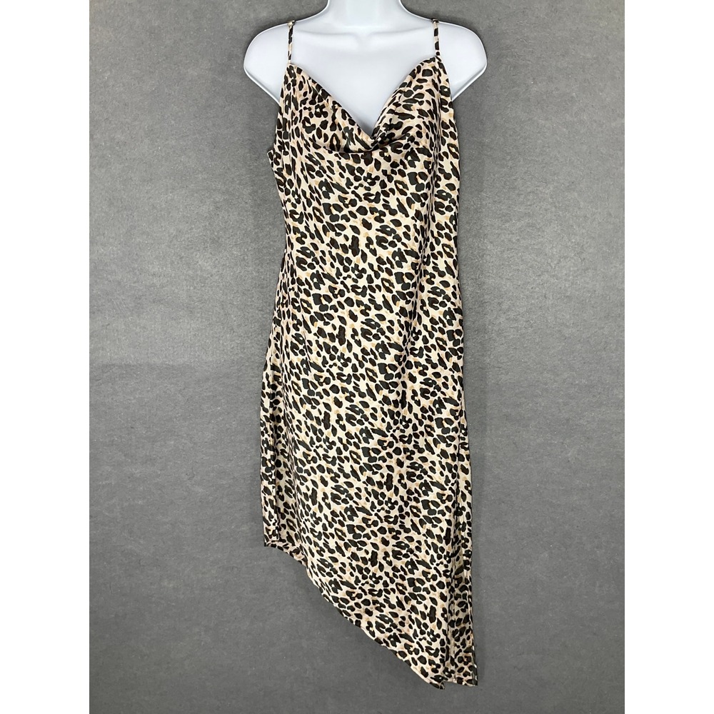 Leopard Cami Slip Dress Satin Cowl Neck Asymmetrical Hem‎ Cocktail Party Sz L
